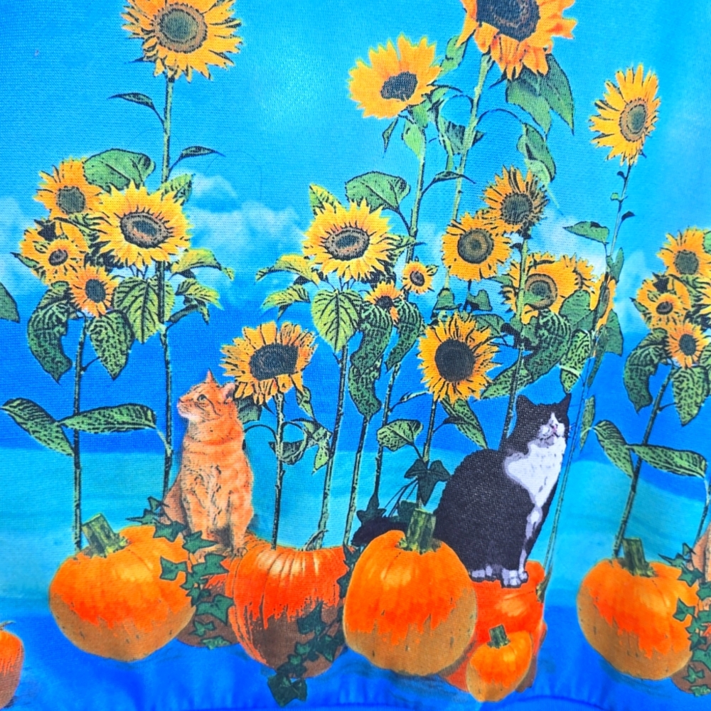 Vintage 90s Cat Pumpkins Sunflowers Halloween Snap Cardi Jacket w Pockets L